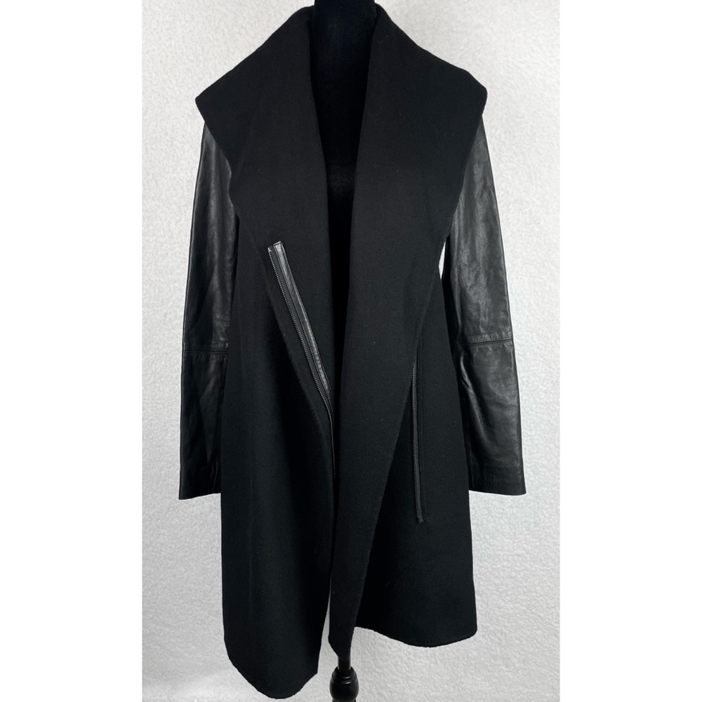 VINCE • Black Leather-Sleeve Shawl Collar Wool Trench Coat, XS - Picture 9 of 15